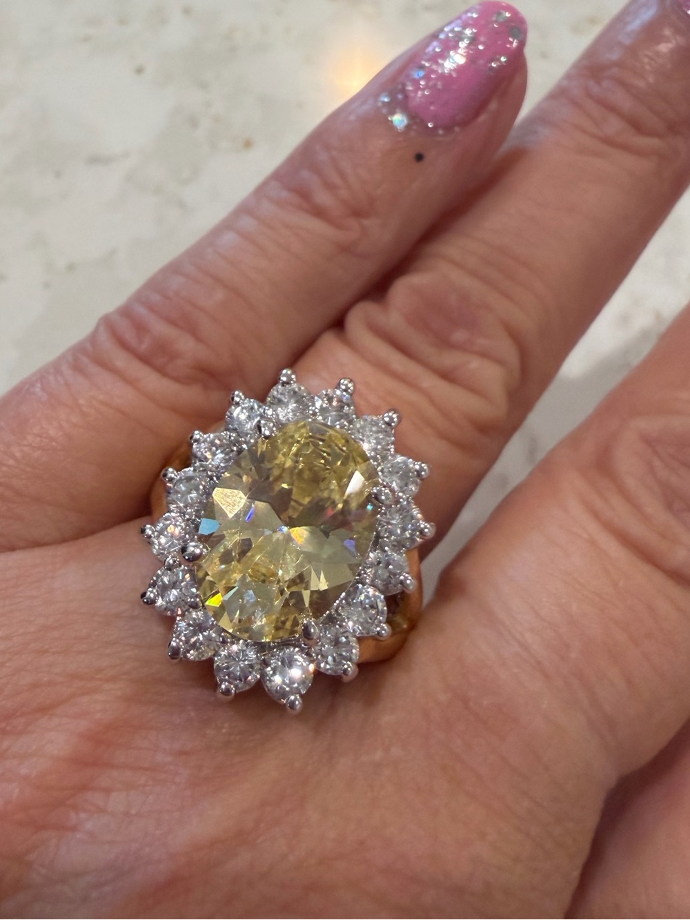 Stunning Statement Canary Yellow Oval Cocktail Ring – Vintage Halo Style